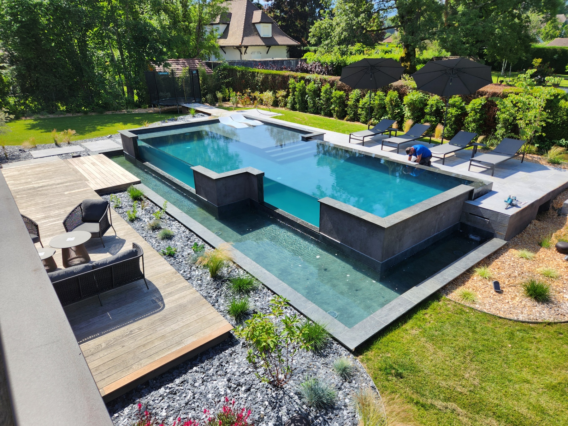 Piscine à paroi vitrée avec bassin de débordement en jardin paysager